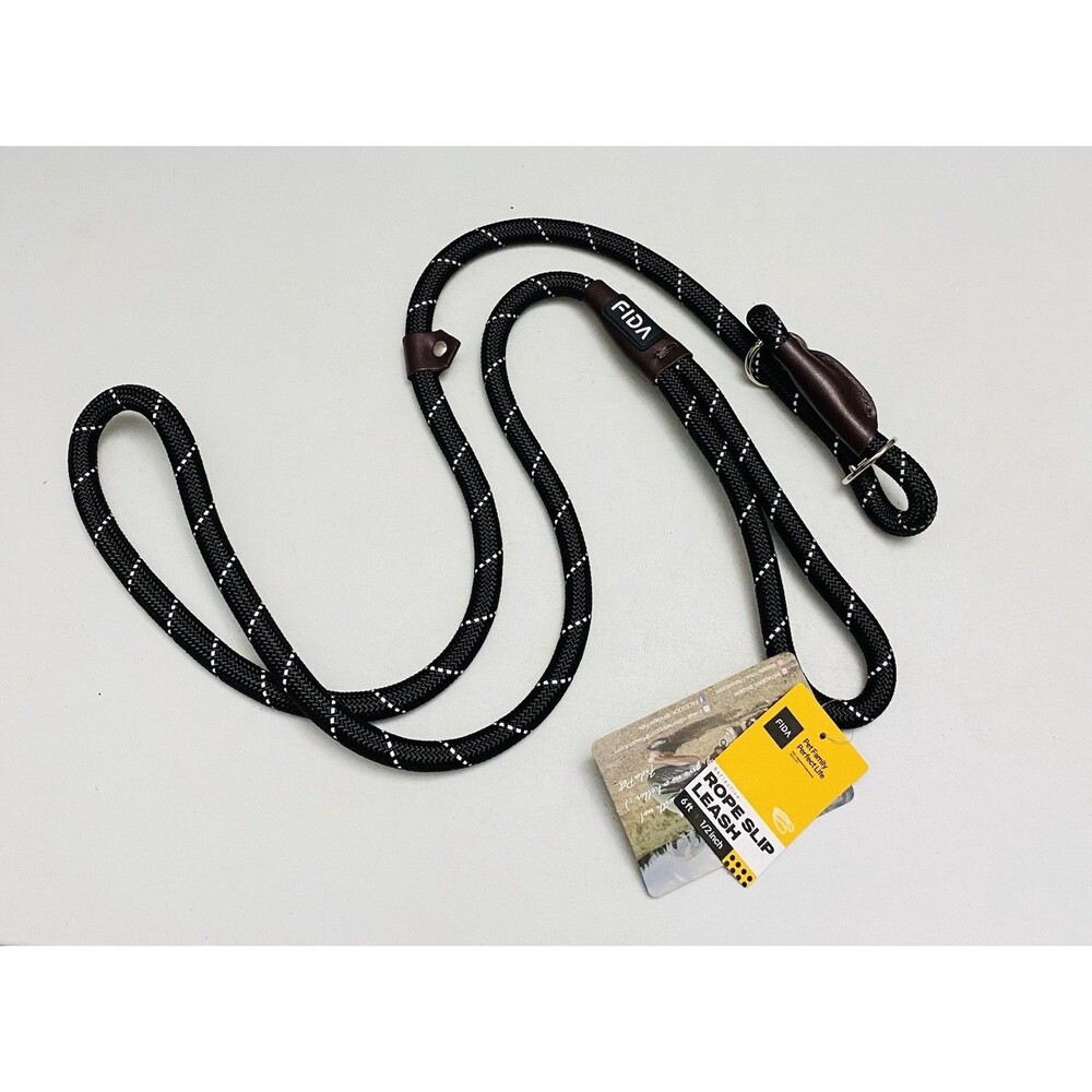 FIDA Durable Reflective Rope Slip Leash 6 ft x 1/2" inch Round Comfort Black NWT